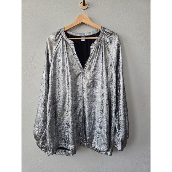Old Navy Silver Metallic V-Neck Blouse XXL Holiday Party Top Glam Y2K Sparkle - Picture 2 of 8